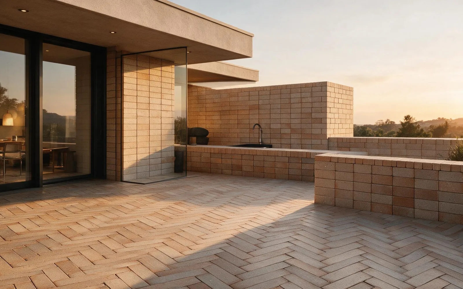 Terraço com pavimento em espinha e muro em grés refratário prensado GRP