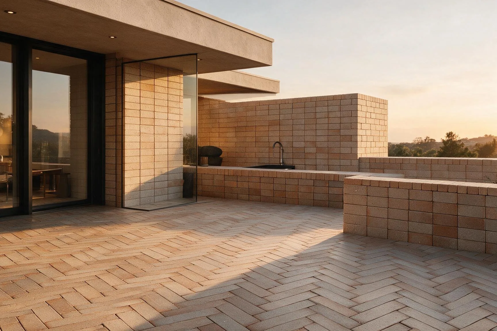 Terraço com pavimento em espinha e muro em grés refratário prensado GRP
