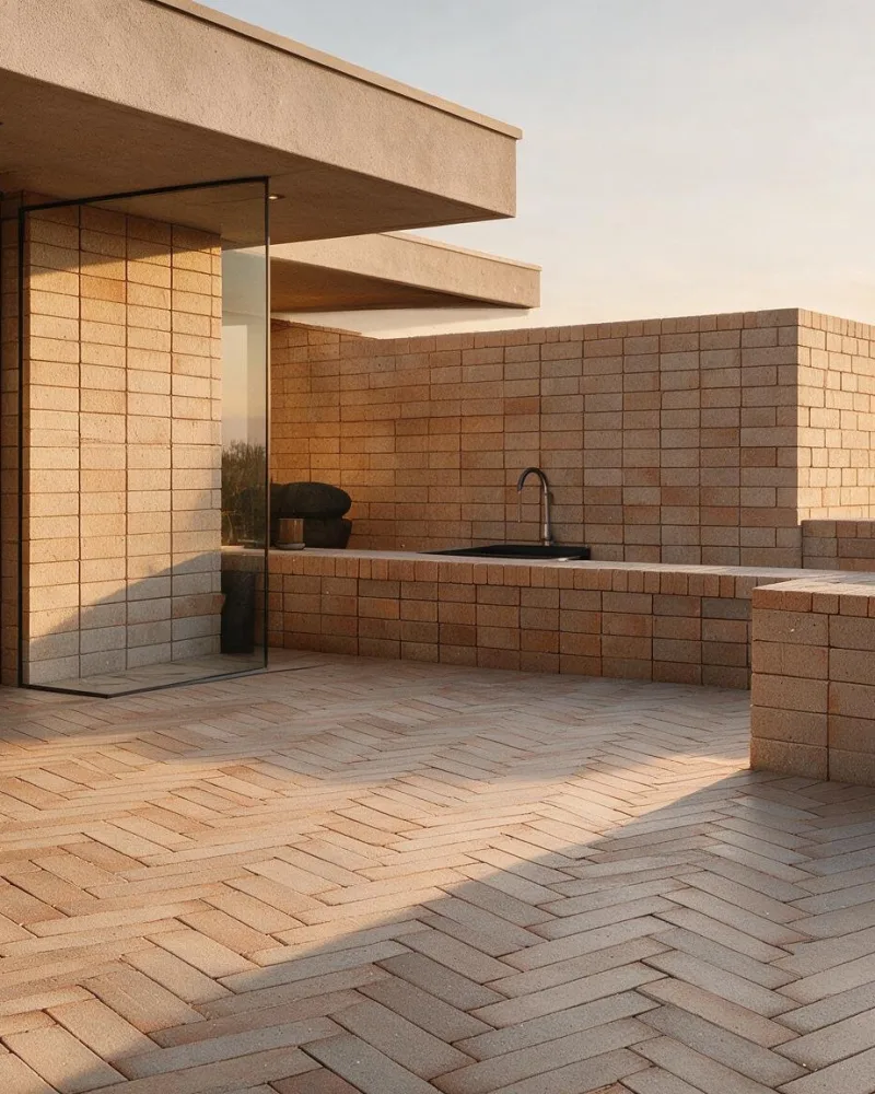 Terraço com pavimento em espinha e muro em grés refratário prensado GRP