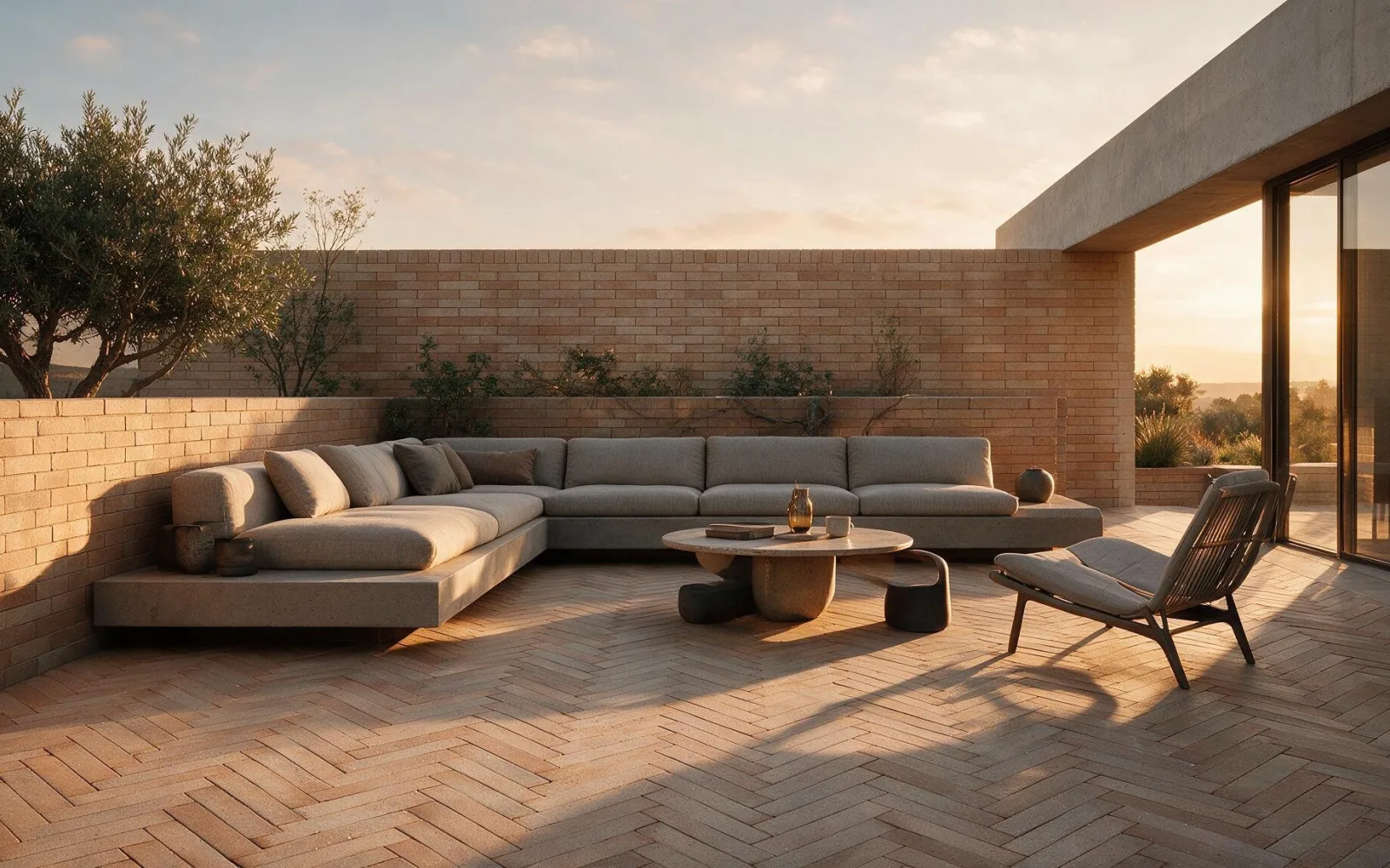 Terraço exterior com pavimento e muro GRP ao pôr do sol